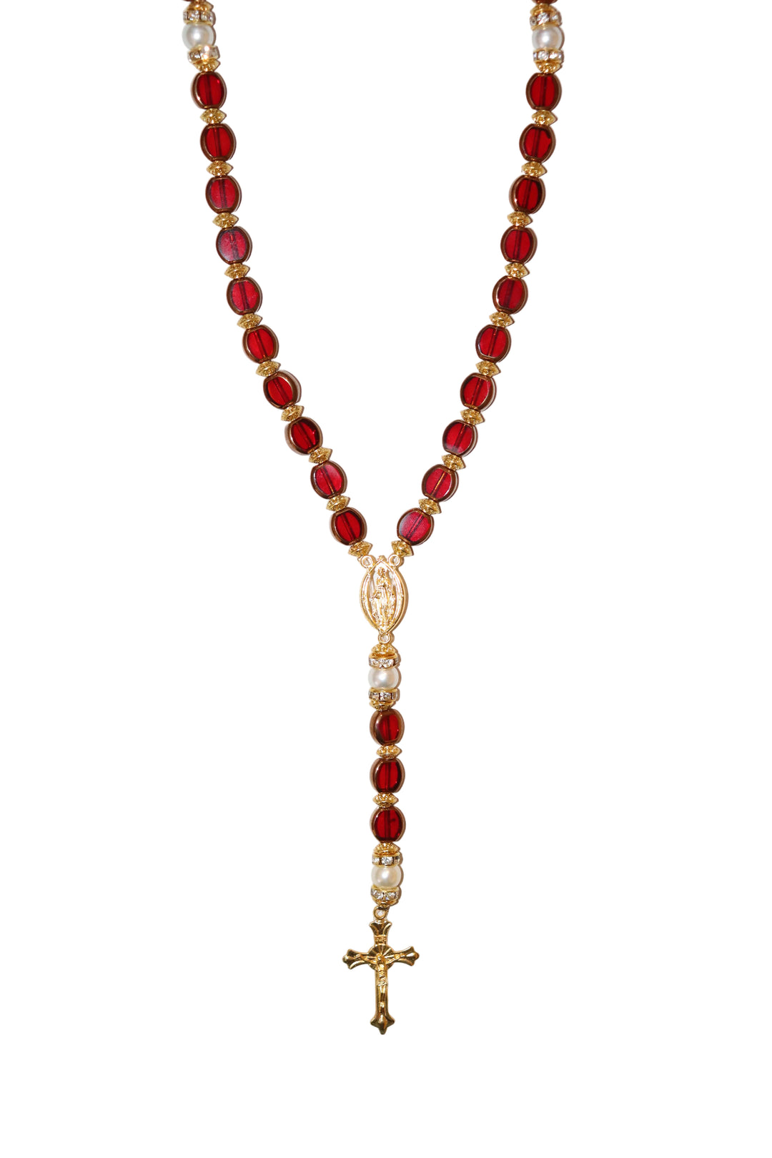 8mm x 10mm Red Glass Gold Our Lady of Grace Rosary