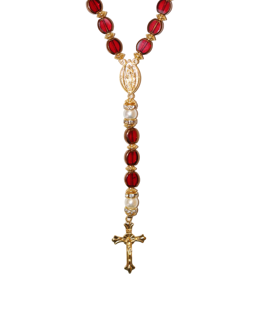 8mm x 10mm Red Glass Gold Our Lady of Grace Rosary