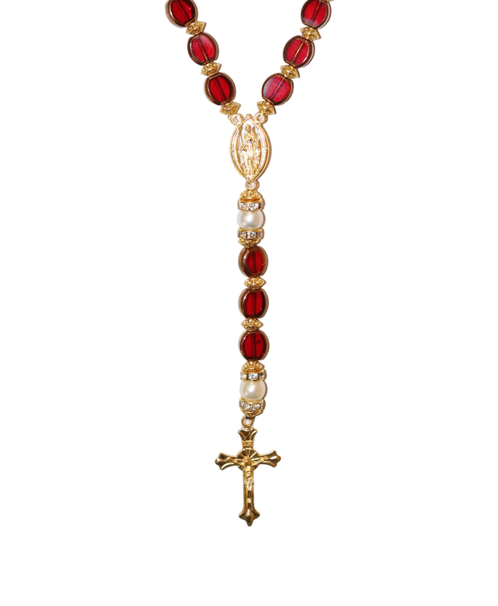 8mm x 10mm Red Glass Gold Our Lady of Grace Rosary