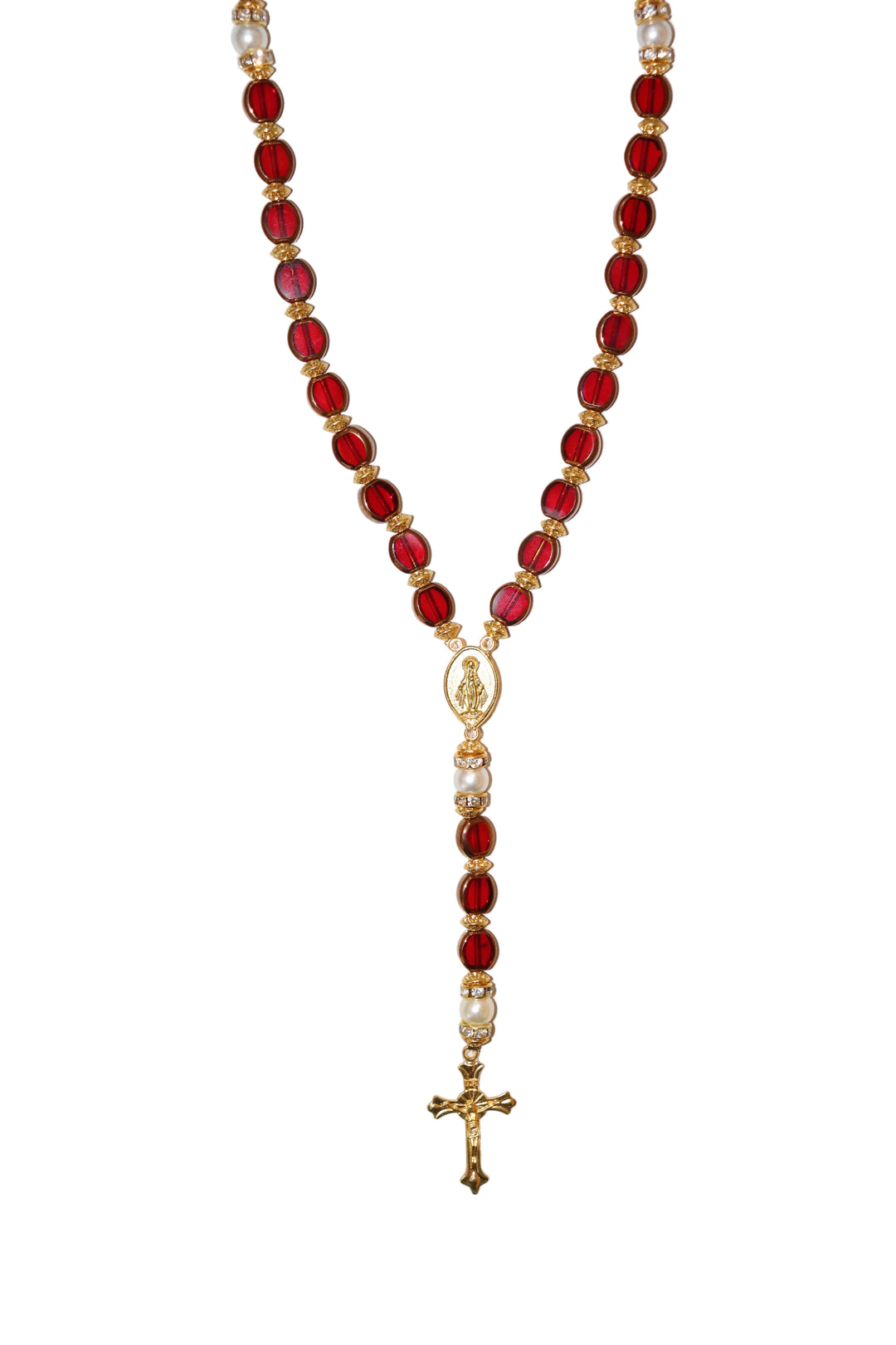 8mm x 10mm Red Glass Gold Miraculous Rosary