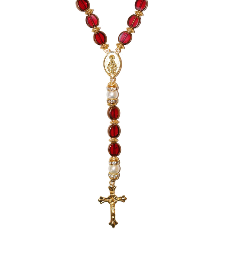 8mm x 10mm Red Glass Gold Miraculous Rosary