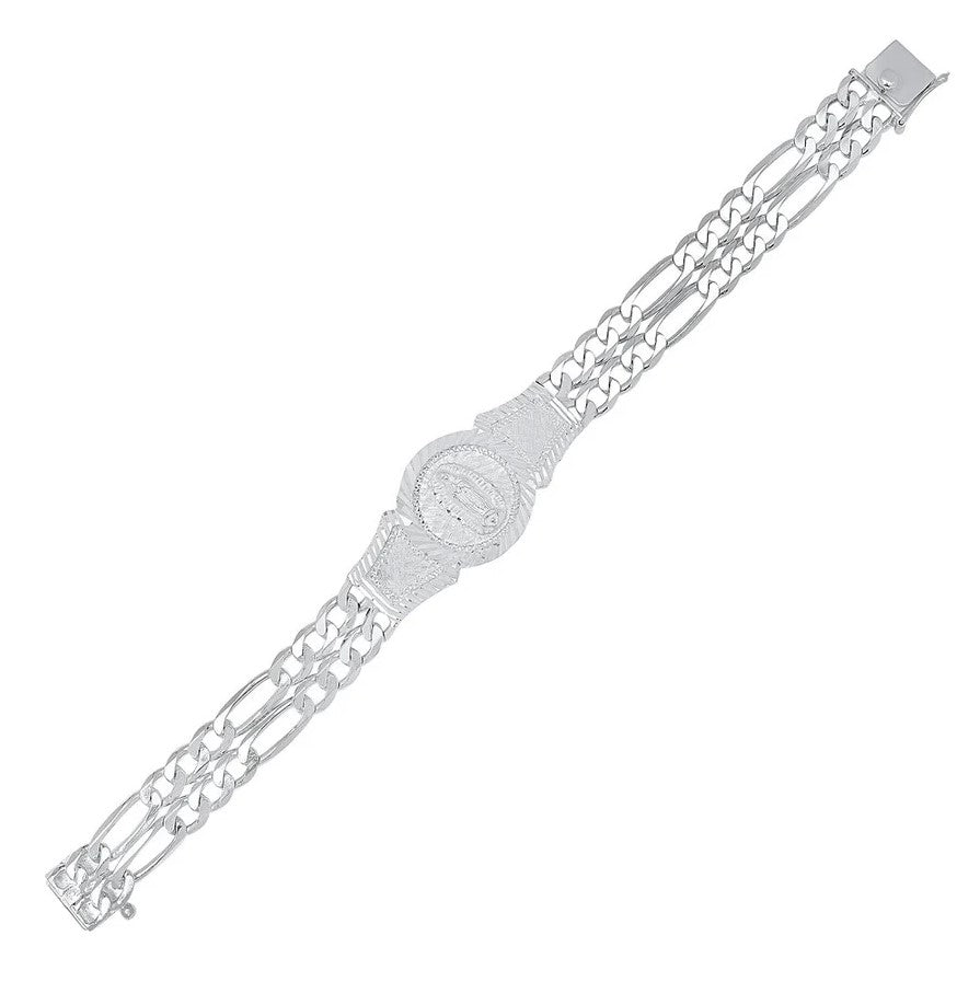 8" Sterling Silver Pave Figaro Our Lady of Guadalupe Bracelet