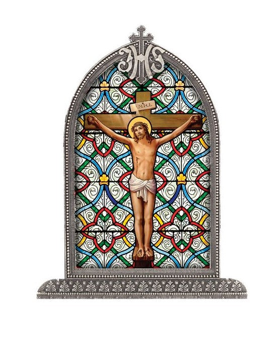 6.5" Crucifixion Silver Stain Glass Arch Plaque