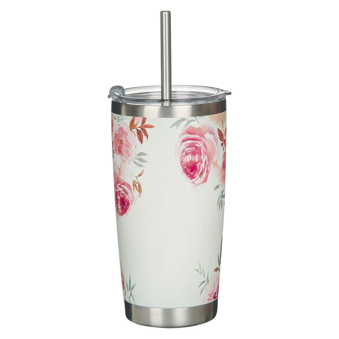 Be Still and Know Bright Floral Stainless Steel Travel Tumbler with Stainless Steel Straw - Psalm 46:10