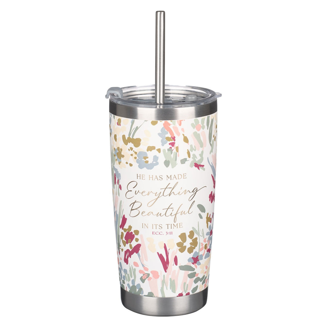 White Floral Everything Beautiful Stainless Steel Travel Mug with Reusable Stainless Steel Straw - Ecclesiastes 3:11