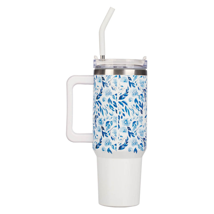 Trust in the Lord Blue Botany 40 oz Stainless Steel Travel Tumbler with Straw - Proverbs 3:5