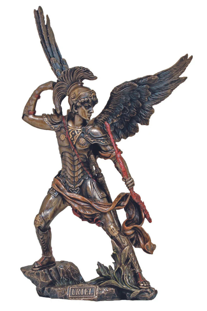 13.25" Lightly Hand-painted Archangel Uriel Bronze Statue