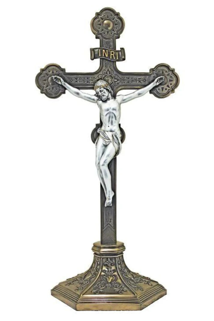 22.5" Lightly Hand-painted Ornate Bronze Standing Crucifix with Pewter Corpus