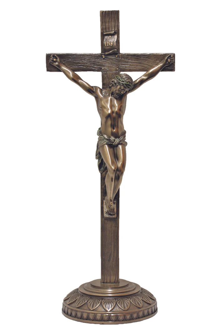 13.75" Standing Crucifix in lightly hand-painted cold cast bronze