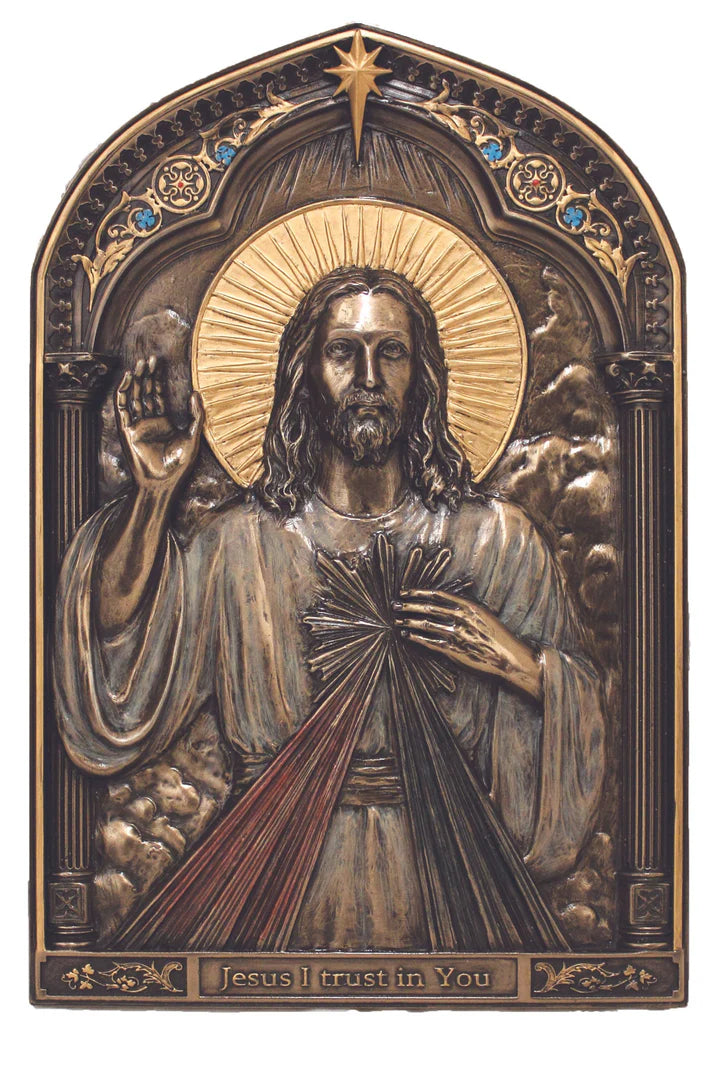 Lightly Hand-painted Divine Mercy Bronze Plaque