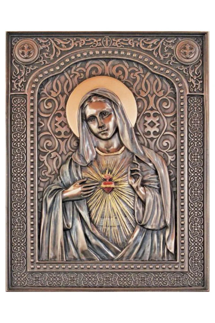 Lightly Hand-painted Heart of Mary Bronze Plaque