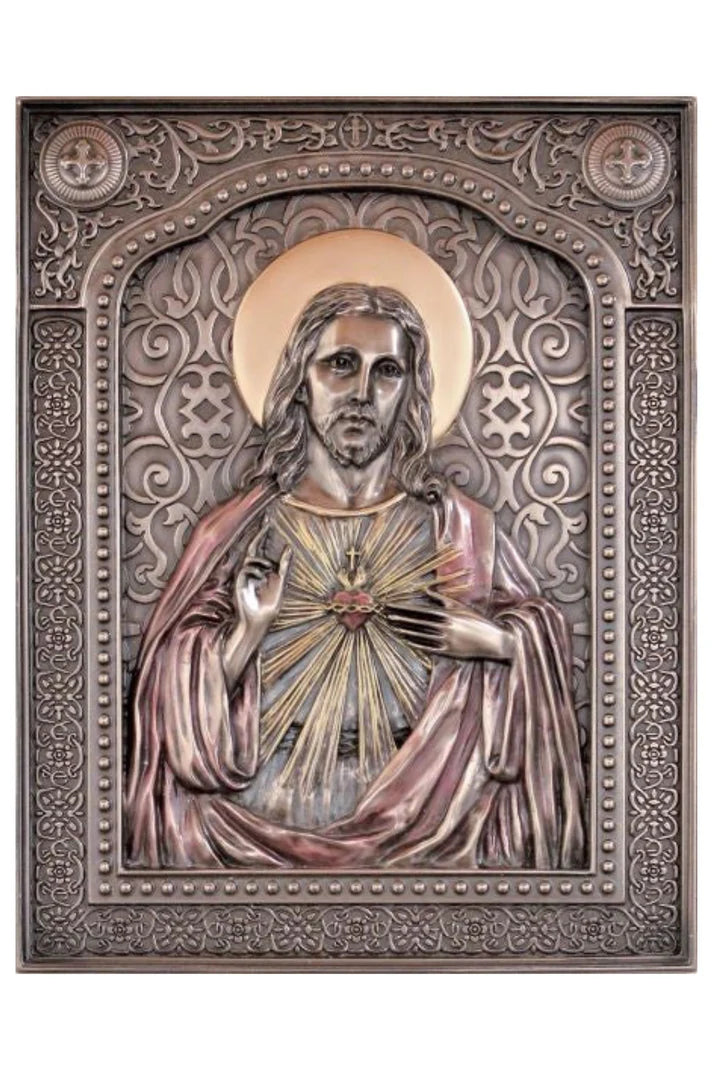 Lightly Hand-painted Sacred Heart of Jesus Bronze Plaque