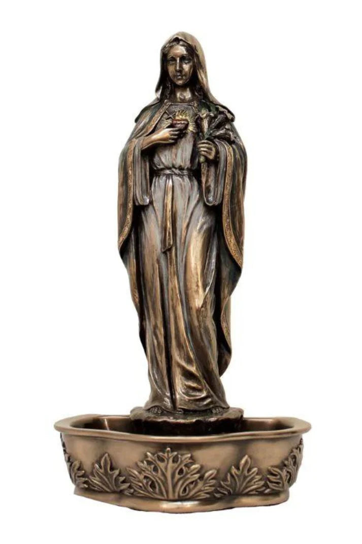 Lightly Hand-painted Immaculate Heart of Mary Bronze Holy Water Font