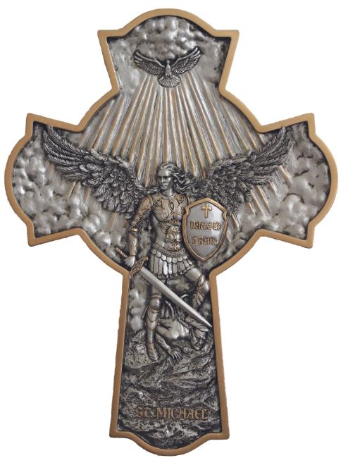 16" Hand-painted St. Michael Pewter Style Finish Cross with Gold Trim