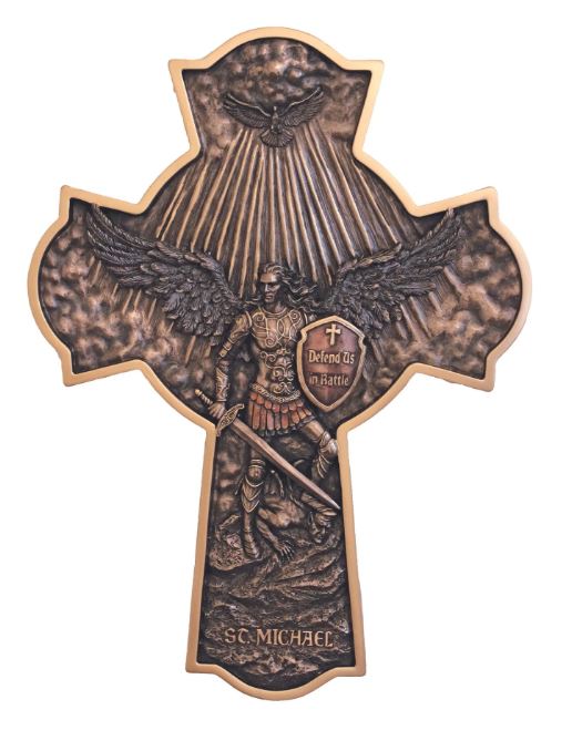 16" Lightly Hand-painted St. Michael Bronze Cross