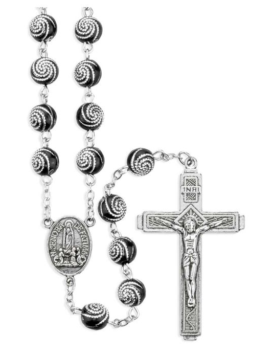 8mm Black and Silver Swirl Bead Our Lady of Fatima Rosary