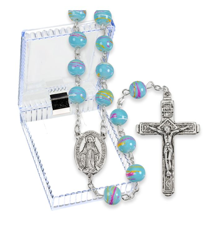 8mm Aqua Colored Swirl Glass Bead Rosary