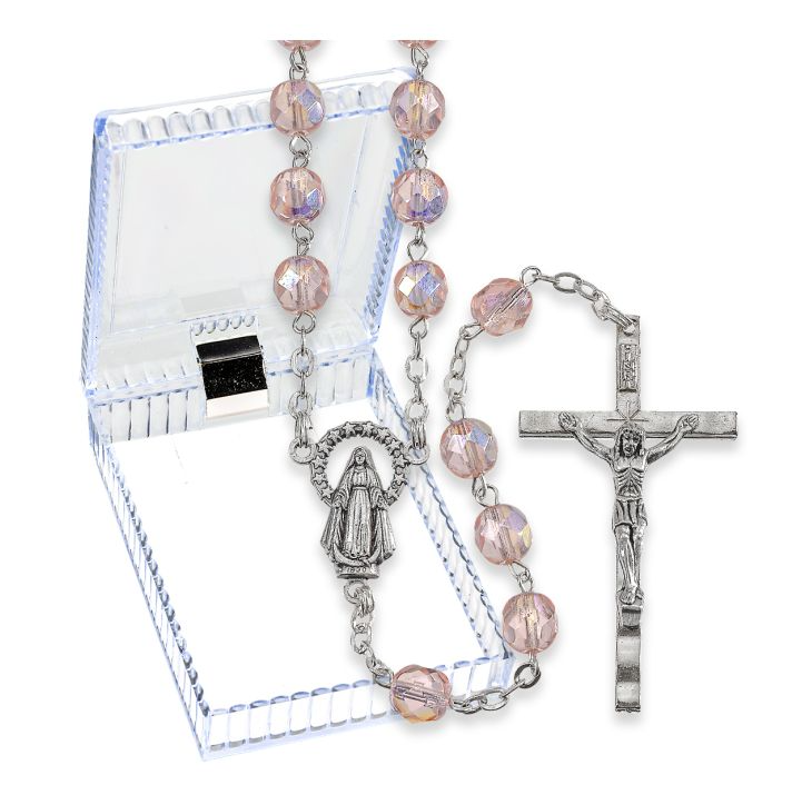 7mm Pink Crystal Aurora Borealis Bead Rosary