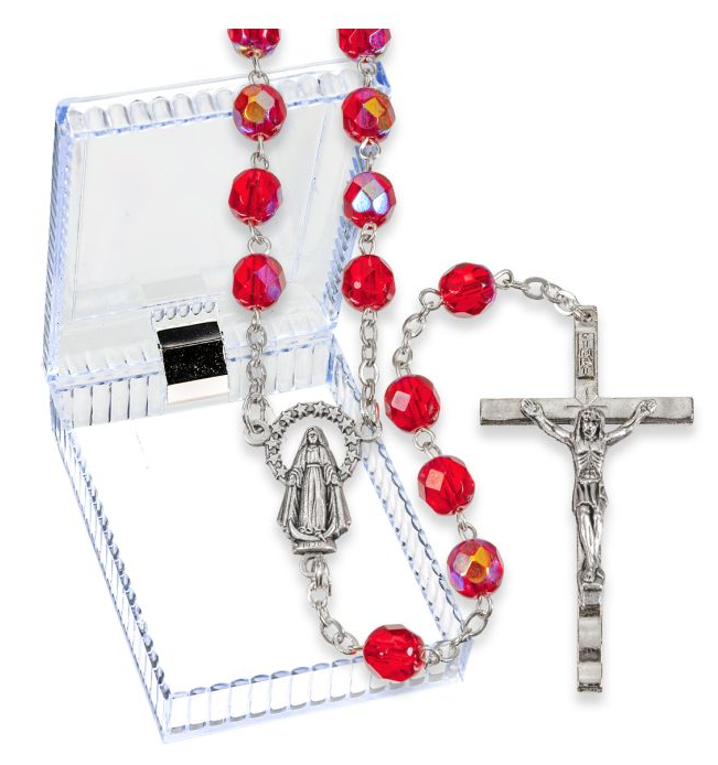 7mm Ruby Crystal Aurora Borealis Bead Rosary