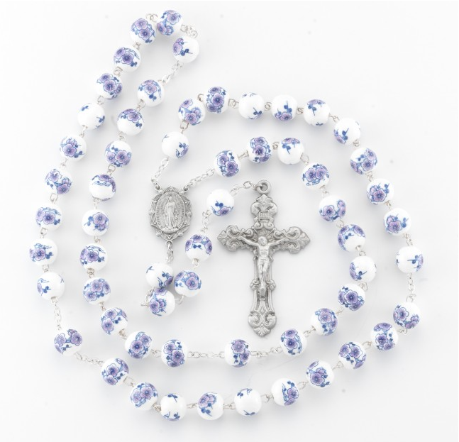 10mm White/Violet glass flower bead New England pewter rosary with center and crucifix