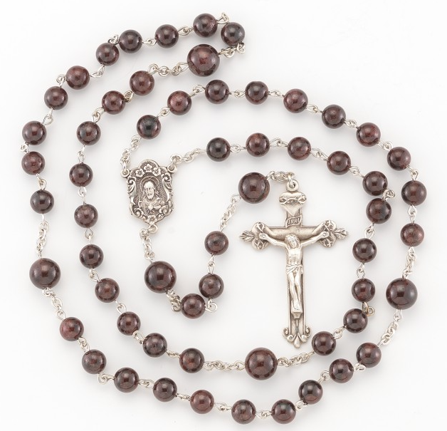 6mm Garnet Bead Rosary with 8mm Round Garnet Our Father Beads, with Sterling Silver