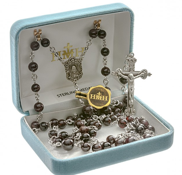 6mm Garnet Bead Rosary with 8mm Round Garnet Our Father Beads, with Sterling Silver