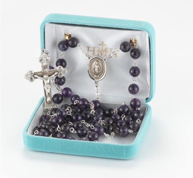 8mm Round Amethyst Bead Rosary with Sterling Silver