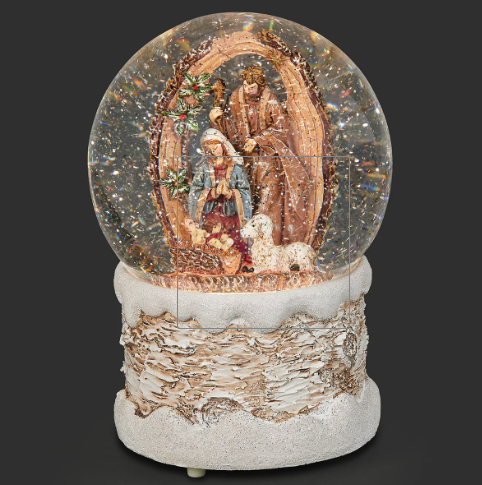 7" Glitterdome Lighted Swirl Holy Family in Wood Log