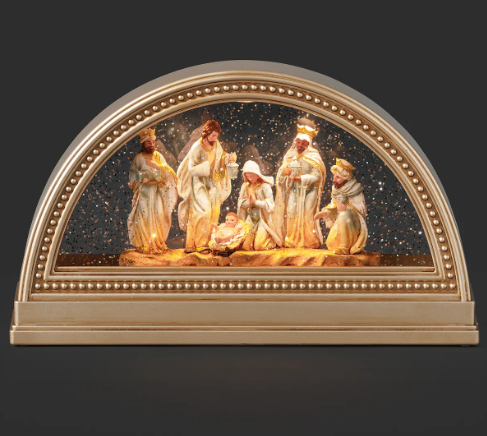 7" Confetti Lites Lighted Swirl Gold Arch Nativity