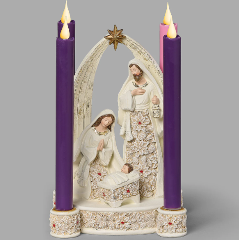 10" Holy Family with Poinsettia Accents Advent Candle Holder