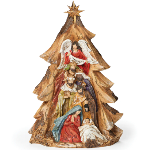13.5" Nativity Scene in Carved Tree with Star Topper