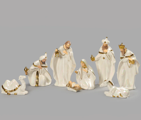 7.5" Elegant White & Gold Porcelain Nativity