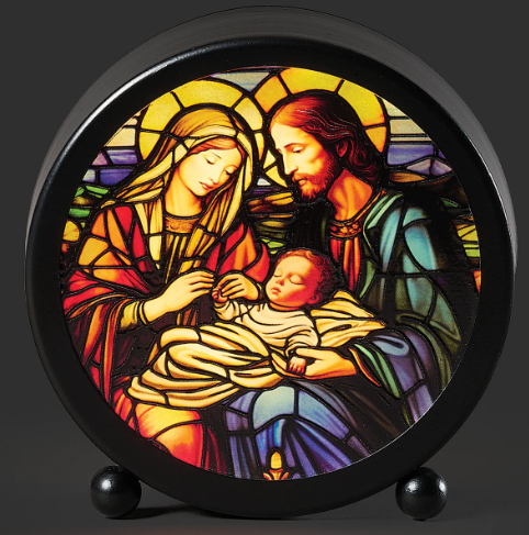 4.5" Lighted Holy Family Stained Glass Round Panel