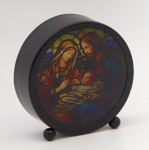 4.5" Lighted Holy Family Stained Glass Round Panel