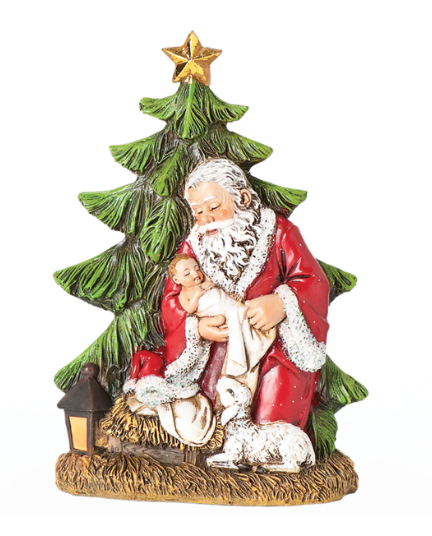 6.25" Kneeling Santa Holding Baby Jesus by Tree Figure