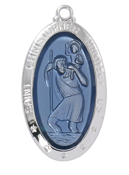 18" Sterling Silver St. Christopher Blue Necklace