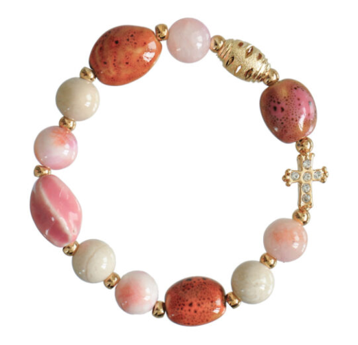 10mm Pink/White Gem/Ceramic Rosary Bracelet