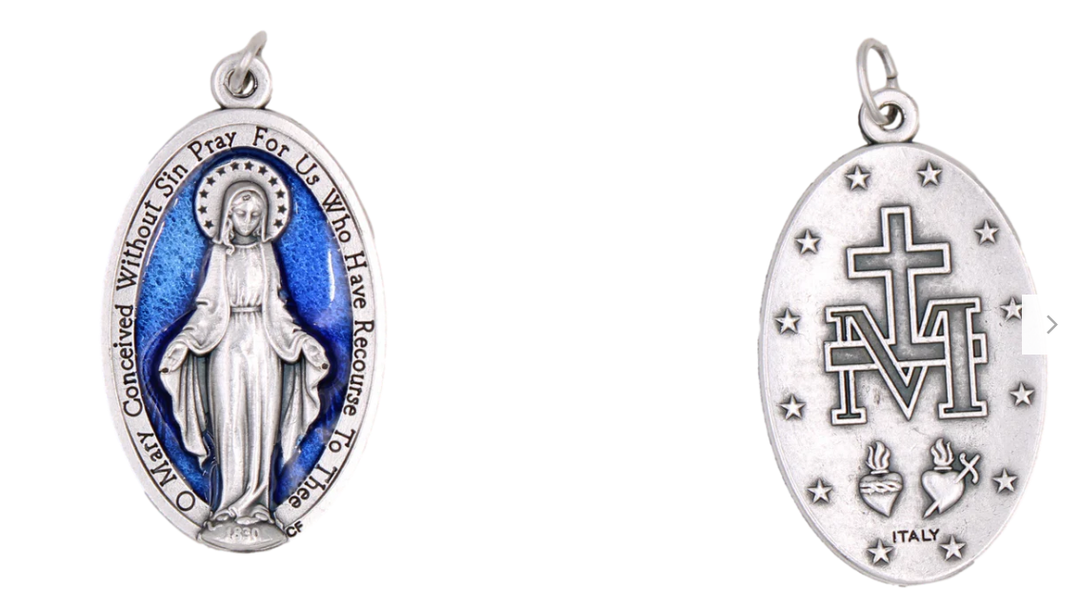 1.5" Silver-tone Miraculous Medal with Blue Enamel
