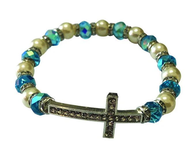 8mm Light Blue and White Stretch Bracelet with Crystal Cross