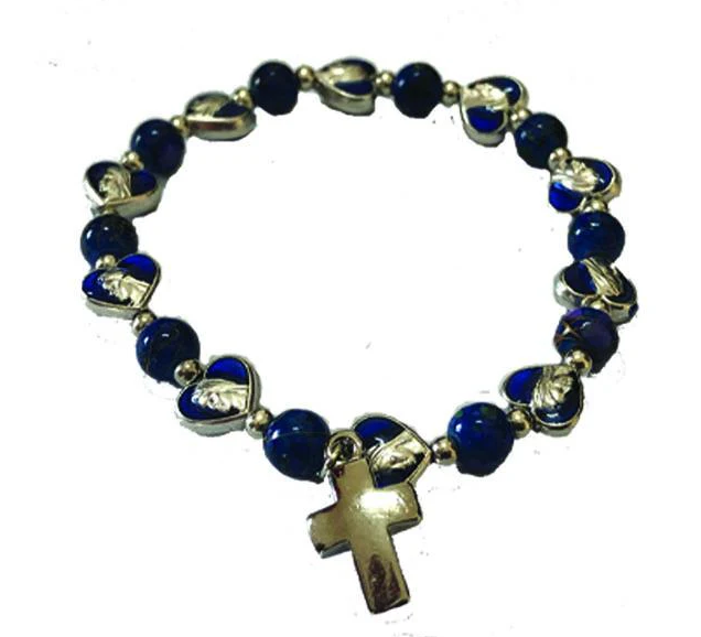 8mm Dark Blue Enamel Heart Shaped Stretch Bracelet with Silver Tone Cross