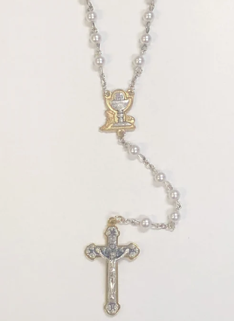6mm First Communion Premium Imitation Pearl Glass Rosary With Two Toned Chalice Center