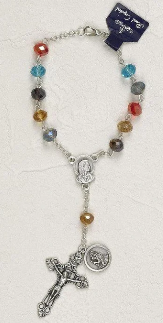 7" St Christopher Auto Rosary - Multi Color Beads