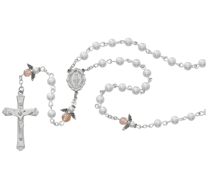 5mm White Pearl with Pink Angel Rosary