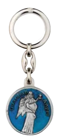 Enameled Guardian Angel Key Ring - Blue and Silver