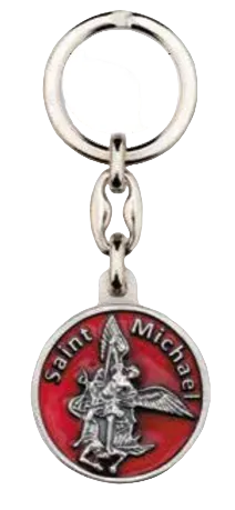 Enameled St. Michael Key Ring - Red and Silver
