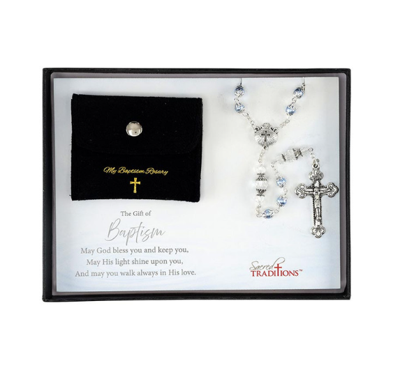 Baptism Rosary with Pouch Gift Set for Boys