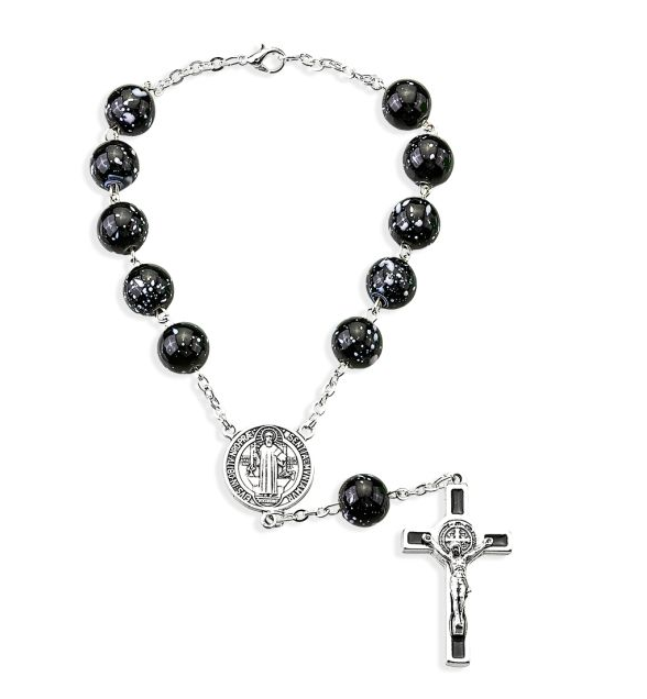 St. Benedict Black Glass Bead Auto Rosary