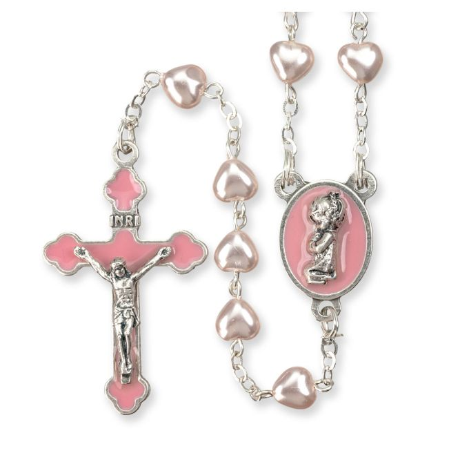 5mm Pink Heart Shaped Bead Girls First Rosary Boxed