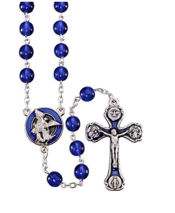 7mm Navy Blue Round Glass Czech Bead Rosary with St. Michael