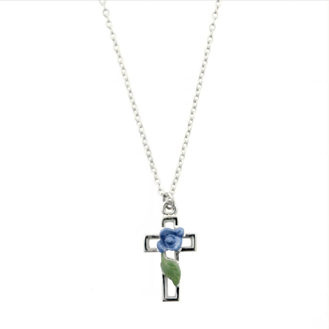 Hand Enameled Blue Rose And Leaf Cross Pendant Necklace 16" + 3" Extender